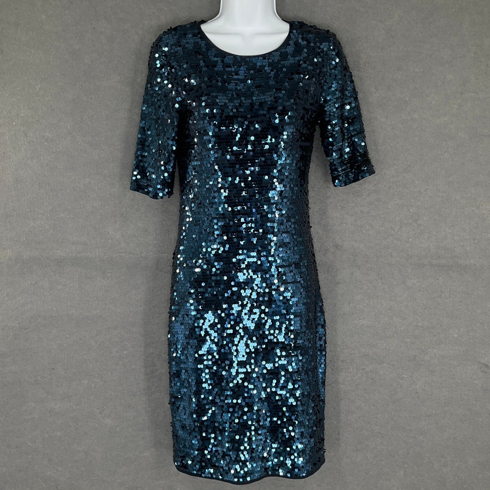 BCBGMAXAZRIA Sequin Sheath Dress Blue‎ Short Sleeve Cocktail Party Womens Sz S